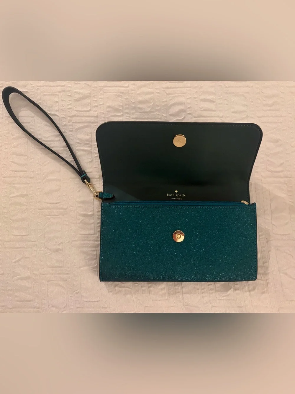 NWOT Kate Spade Glimmer Medium Flap Wristlet - Festive Teal Glitter